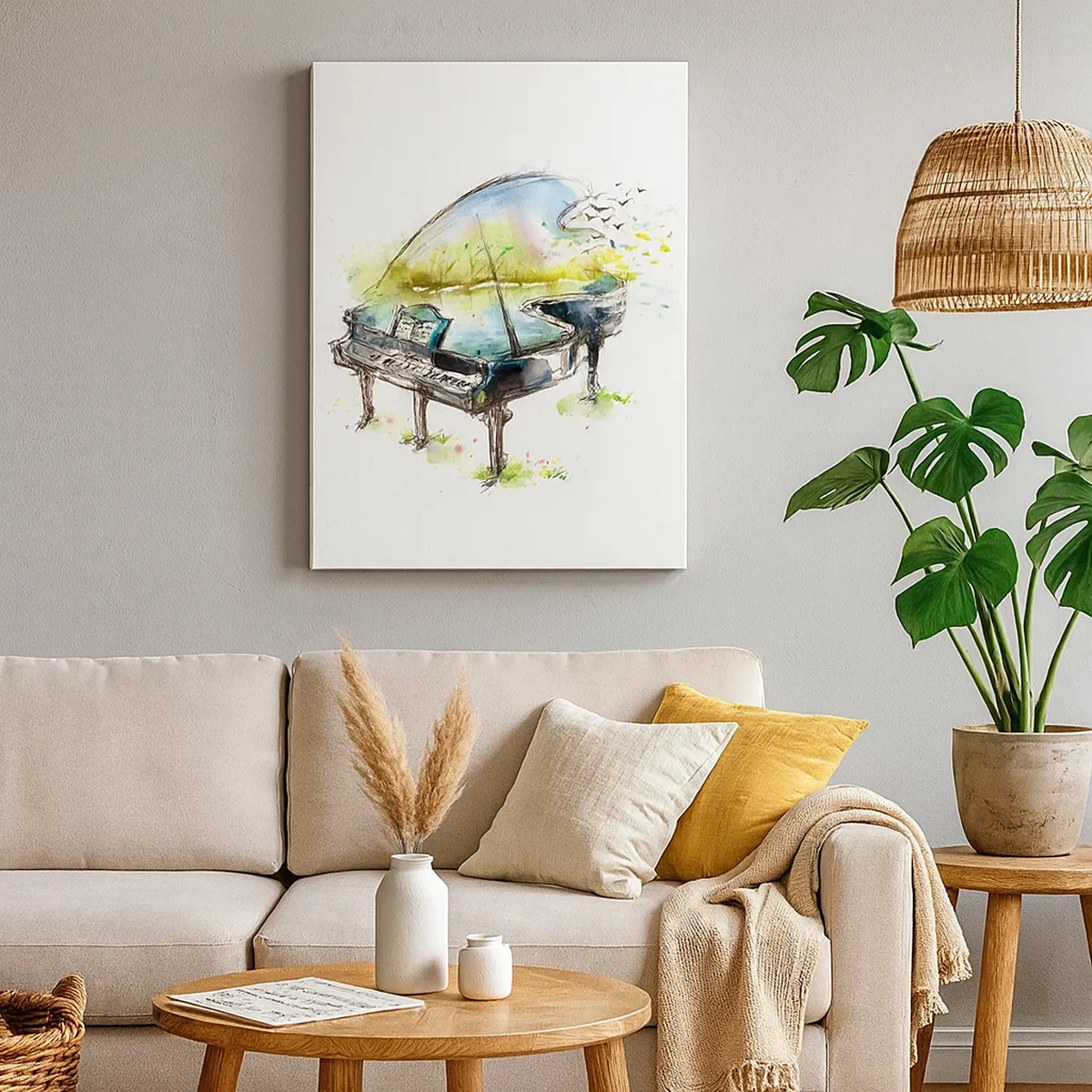 Quadro su tela - Stampe su Tela - Dipinto artistico ad acquerello di un pianoforte con la natura sullo sfondo - 50x70cm - Incantato nella musica - Decorazione murale moderna per soggiorno e camera da letto ARTTOR