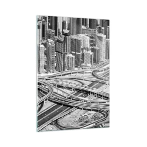 Quadro su vetro - Panorama in bianco e nero della città con uno svincolo autostradale - 50x70cm - Dubai - città impossibile - Decorazione murale moderna per soggiorno e camera da letto ARTTOR