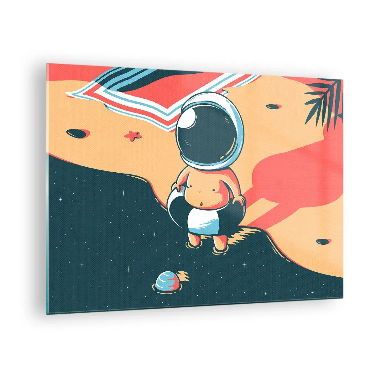 Quadro su vetro - Figura di astronauta su una spiaggia con un paesaggio cosmico - 70x50cm - Da un'altra prospettiva - Decorazione murale moderna per soggiorno e camera da letto ARTTOR