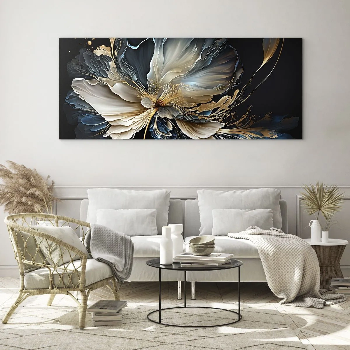 Quadro su vetro - Un fiore nei toni dell'oro e del blu navy su uno sfondo nero - 140x50cm - Fantastico fiore di felce - Decorazione murale moderna per soggiorno e camera da letto ARTTOR