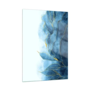 Quadro su vetro - Forme astratte blu con delicate linee dorate. - 50x70cm - Blu nell'oro - Decorazione murale moderna per soggiorno e camera da letto ARTTOR