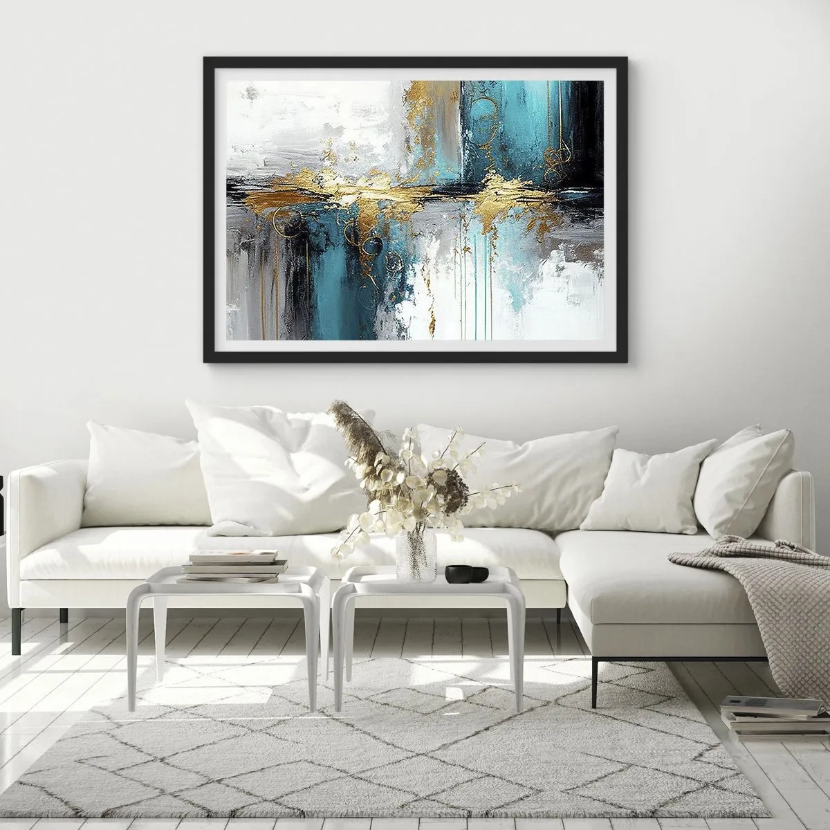 Poster in cornice nera - Una composizione astratta con accenti turchesi e dorati. - 100x70cm - Panta rei - Decorazione murale moderna per soggiorno e camera da letto ARTTOR