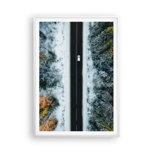Poster in cornice bianca - Tagliando la foresta invernale - 70x100 cm