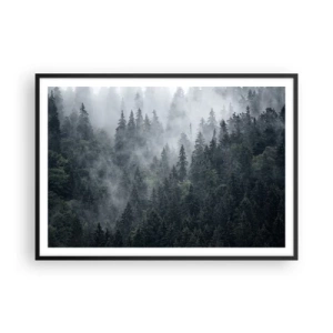 Poster in cornice nera - Foresta di conifere nebbiosa nei toni del grigio e del verde - 100x70cm - Alba nel bosco - Decorazione murale moderna per soggiorno e camera da letto ARTTOR