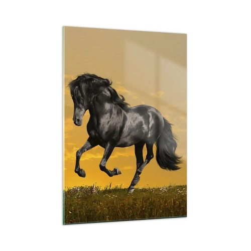 Quadro su vetro - Un cavallo nero che galoppa contro il sole al tramonto - 50x70cm - Bello, libero e selvaggio - Decorazione murale moderna per soggiorno e camera da letto ARTTOR