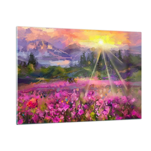 Quadro su vetro - Una pittoresca valle piena di fiori illuminata dai raggi del sole - 120x80cm - Nella valle sotto la cura del sole - Decorazione murale moderna per soggiorno e camera da letto ARTTOR
