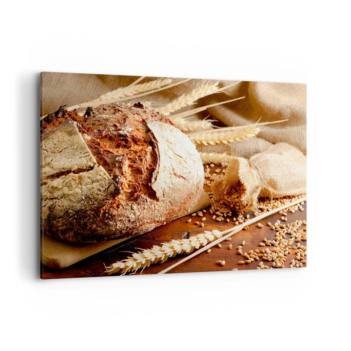Quadro su tela - Stampe su Tela - Pane croccante con cereali e spighe di grano su fondo in legno - 120x80cm - Appetitoso, profumato, croccante - Decorazione murale moderna per soggiorno e camera da letto ARTTOR