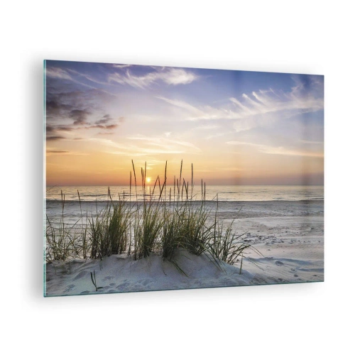 Quadro su vetro - Tramonto su una spiaggia erbosa - 70x50cm - Guarda, pensa, senti - Decorazione murale moderna per soggiorno e camera da letto ARTTOR