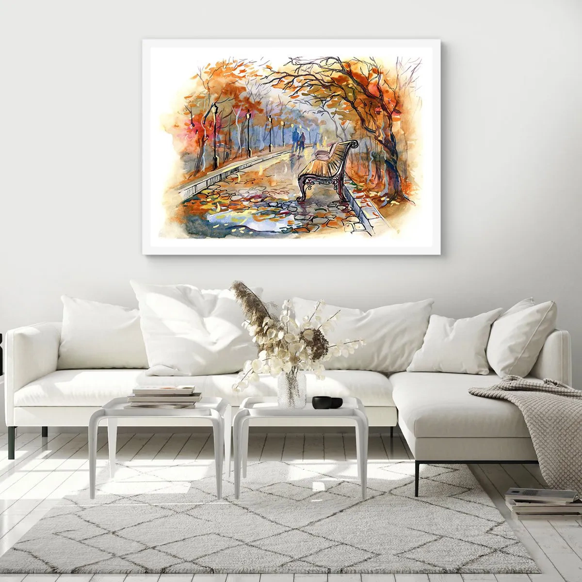 Poster in cornice bianca - Passeggiando insieme l'autunno - 100x70 cm