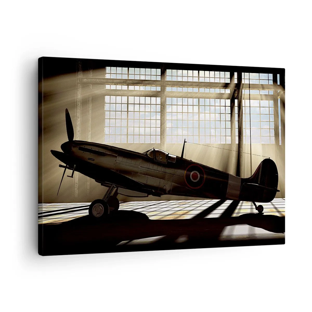 Quadro su tela - Stampe su Tela - Un aereo storico in un hangar illuminato dalla luce del sole - 70x50cm - Il riposo del guerriero - Decorazione murale moderna per soggiorno e camera da letto ARTTOR