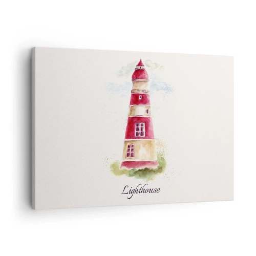 Quadro su tela - Stampe su Tela - Dipinto ad acquerello di un faro su sfondo chiaro con un'iscrizione - 70x50cm - Attorno è sempre bel tempo - Decorazione murale moderna per soggiorno e camera da letto ARTTOR