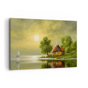 Quadro su tela - Stampe su Tela - Casa sul lago alla luce del tramonto - 120x80cm - Bello come un quadro - Decorazione murale moderna per soggiorno e camera da letto ARTTOR