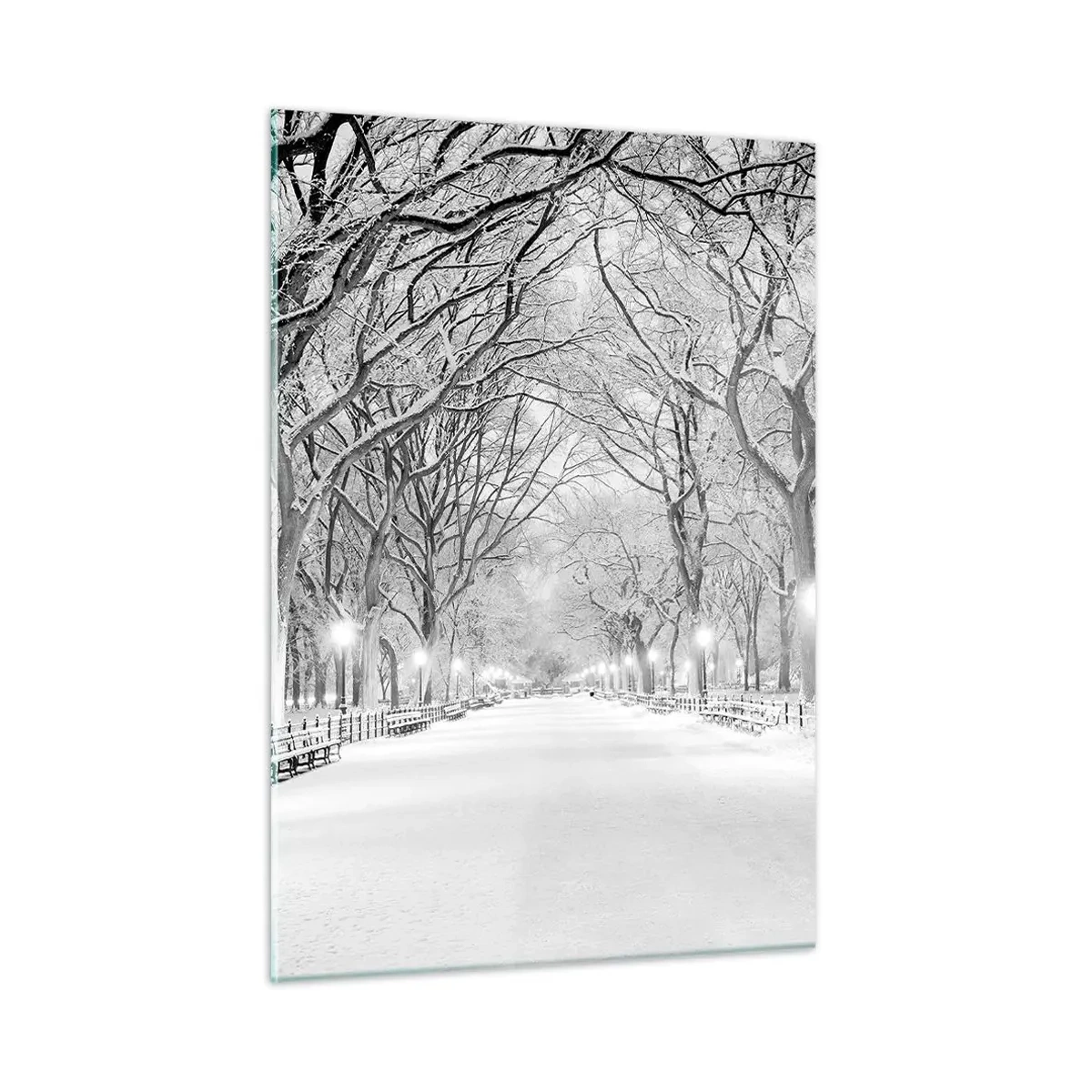Quadro su vetro - Viale alberato invernale nel parco con luci e neve - 50x70cm - Quattro stagioni: l'inverno - Decorazione murale moderna per soggiorno e camera da letto ARTTOR