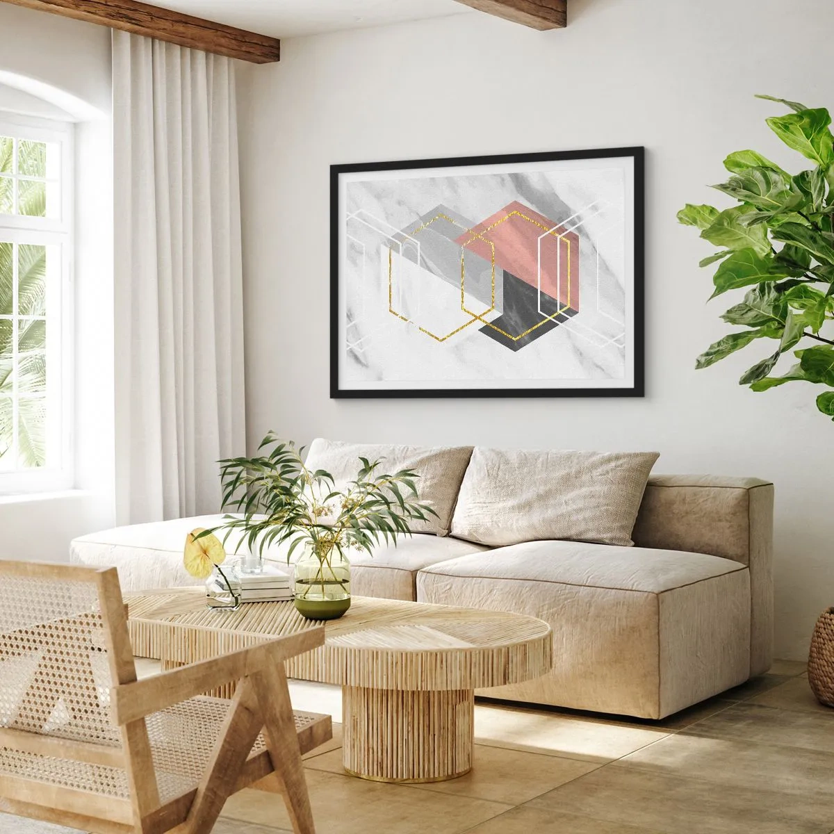 Poster in cornice nera - Figure geometriche con accenti in oro e marmo - 70x50cm - Composizione a catena - Decorazione murale moderna per soggiorno e camera da letto ARTTOR