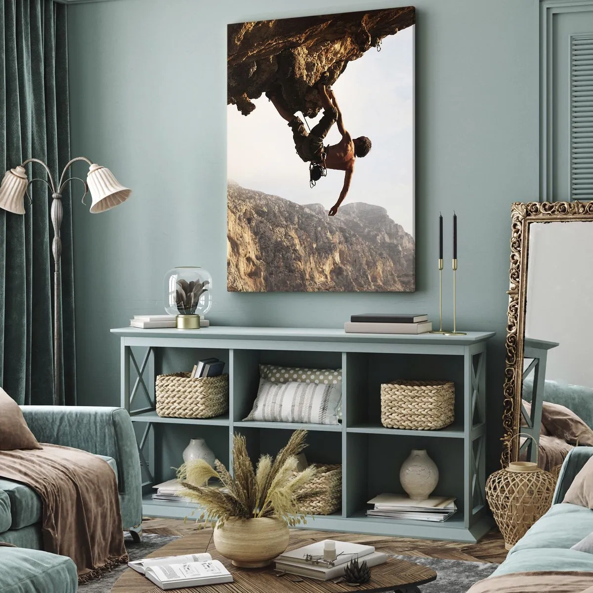 Quadro su tela - Stampe su Tela - Uno scalatore su una ripida scogliera in montagna sotto il sole - 50x70cm - Il mondo ristretto in una mano sul bordo del masso - Decorazione murale moderna per soggiorno e camera da letto ARTTOR