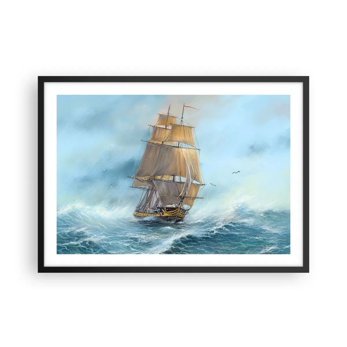 Poster in cornice nera - Una nave a vela in un mare in tempesta - 70x50cm - Frangendo i flutti - Decorazione murale moderna per soggiorno e camera da letto ARTTOR