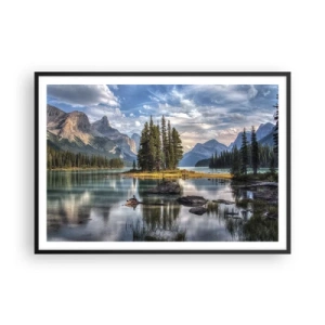 Poster in cornice nera - Un paesaggio montano con un'isola circondata da un lago calmo - 100x70cm - Sulle acque grandi e limpide...  - Decorazione murale moderna per soggiorno e camera da letto ARTTOR