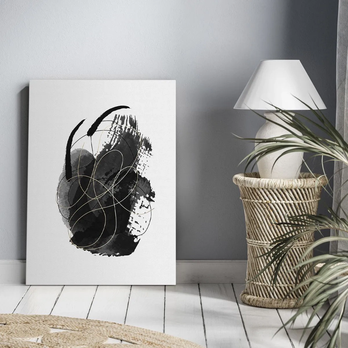 Quadro su tela - Stampe su Tela - Astrazione in nero e oro su sfondo bianco - 50x70cm - Nato dal nero - Decorazione murale moderna per soggiorno e camera da letto ARTTOR