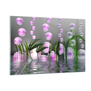 Quadro su vetro - Bolle viola che galleggiano sopra l'acqua con le piante - 120x80cm - Composizione meditativa su leggerezza e vita - Decorazione murale moderna per soggiorno e camera da letto ARTTOR