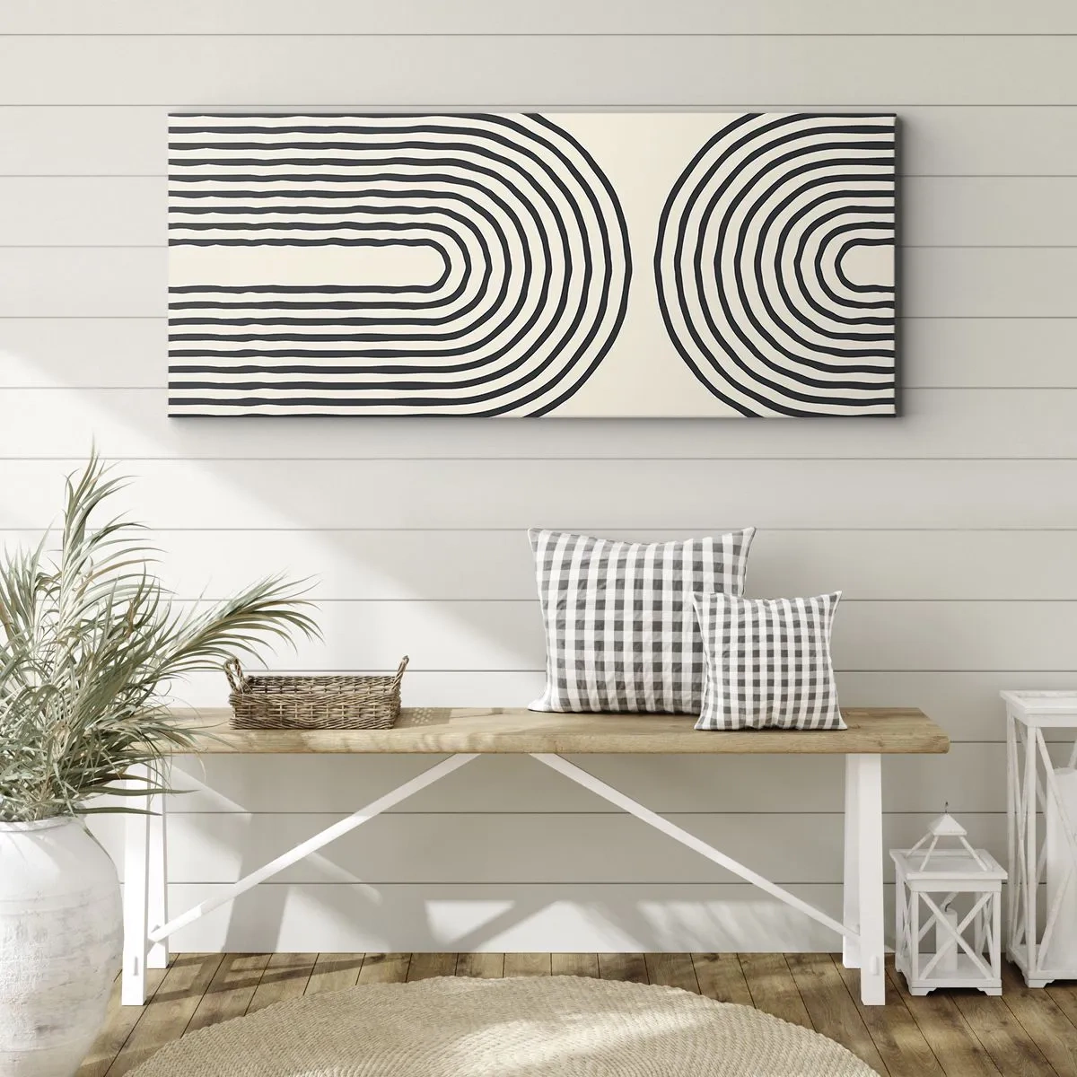 Quadro su tela - Stampe su Tela - Motivo geometrico astratto con linee simmetriche su sfondo chiaro - 120x50cm - Tra un attimo... - Decorazione murale moderna per soggiorno e camera da letto ARTTOR