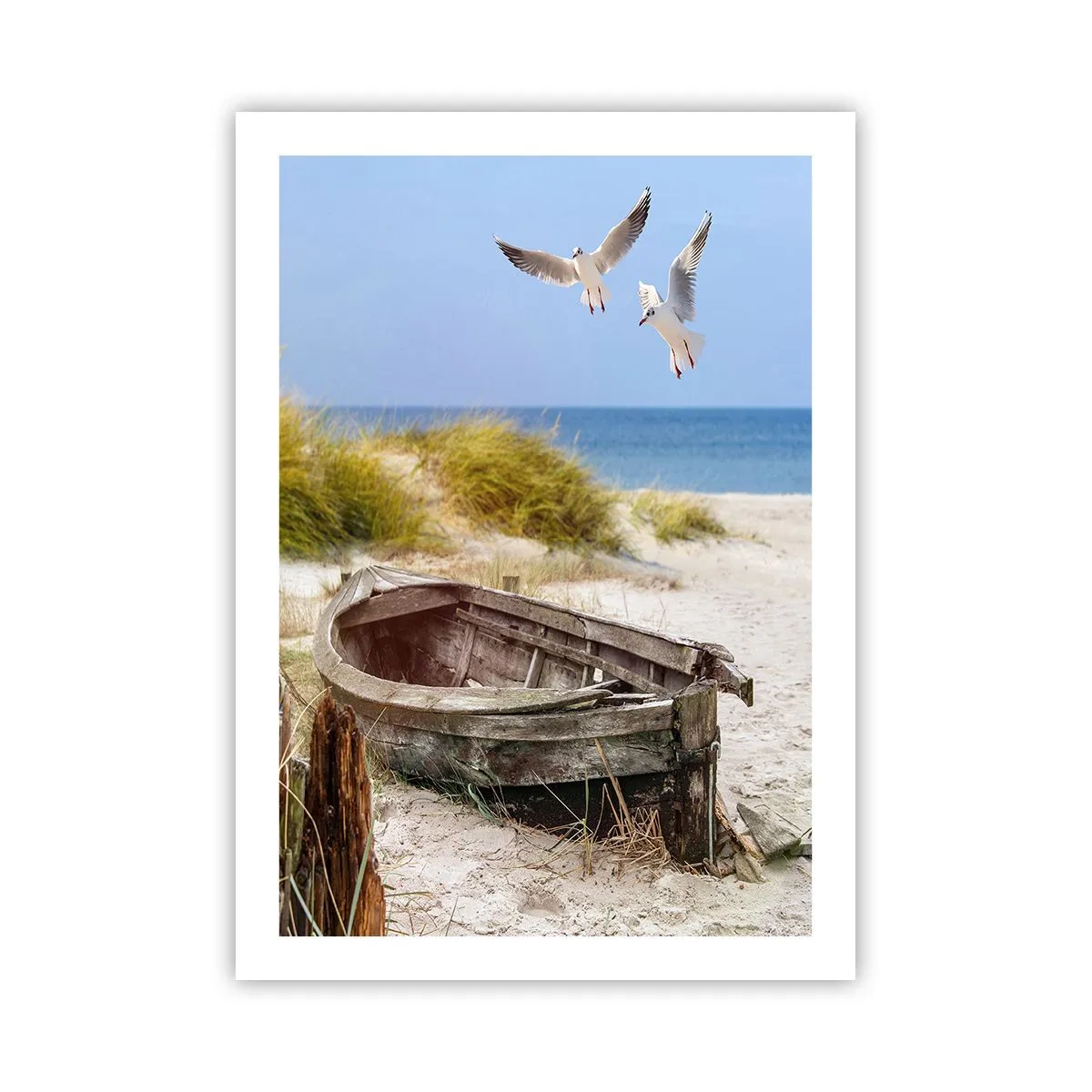 Poster - Una vecchia barca sulla spiaggia con gabbiani sullo sfondo - 50x70cm - Bagnate dal vento - Decorazione murale moderna per soggiorno e camera da letto ARTTOR