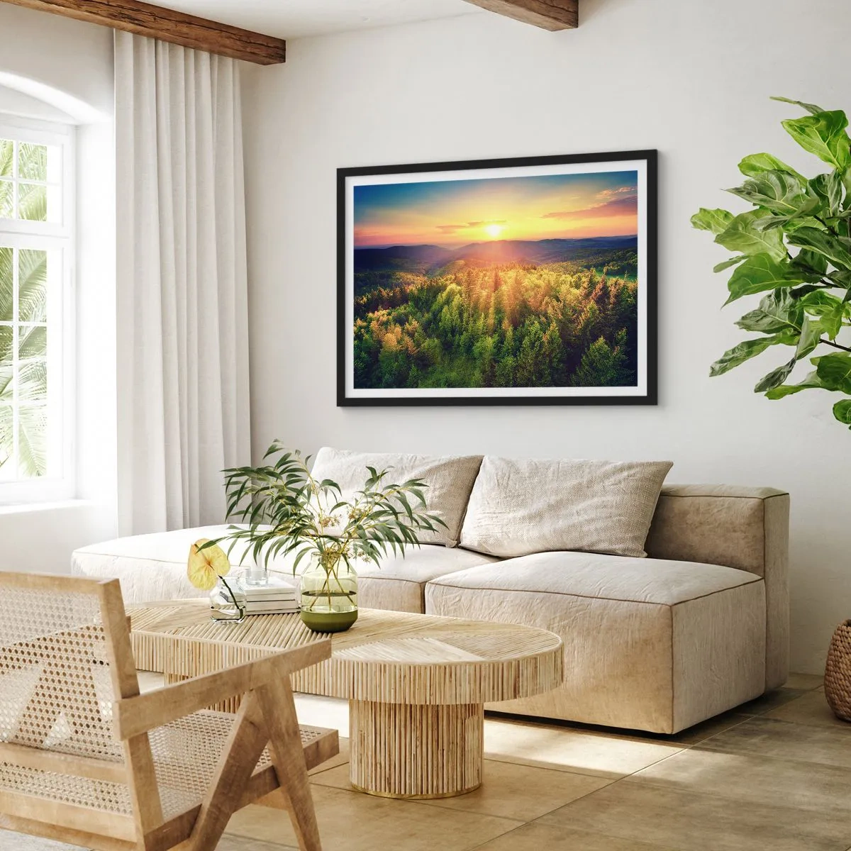Poster in cornice nera - Paesaggio forestale con tramonto sulle colline - 100x70cm - Vette e cime - Decorazione murale moderna per soggiorno e camera da letto ARTTOR