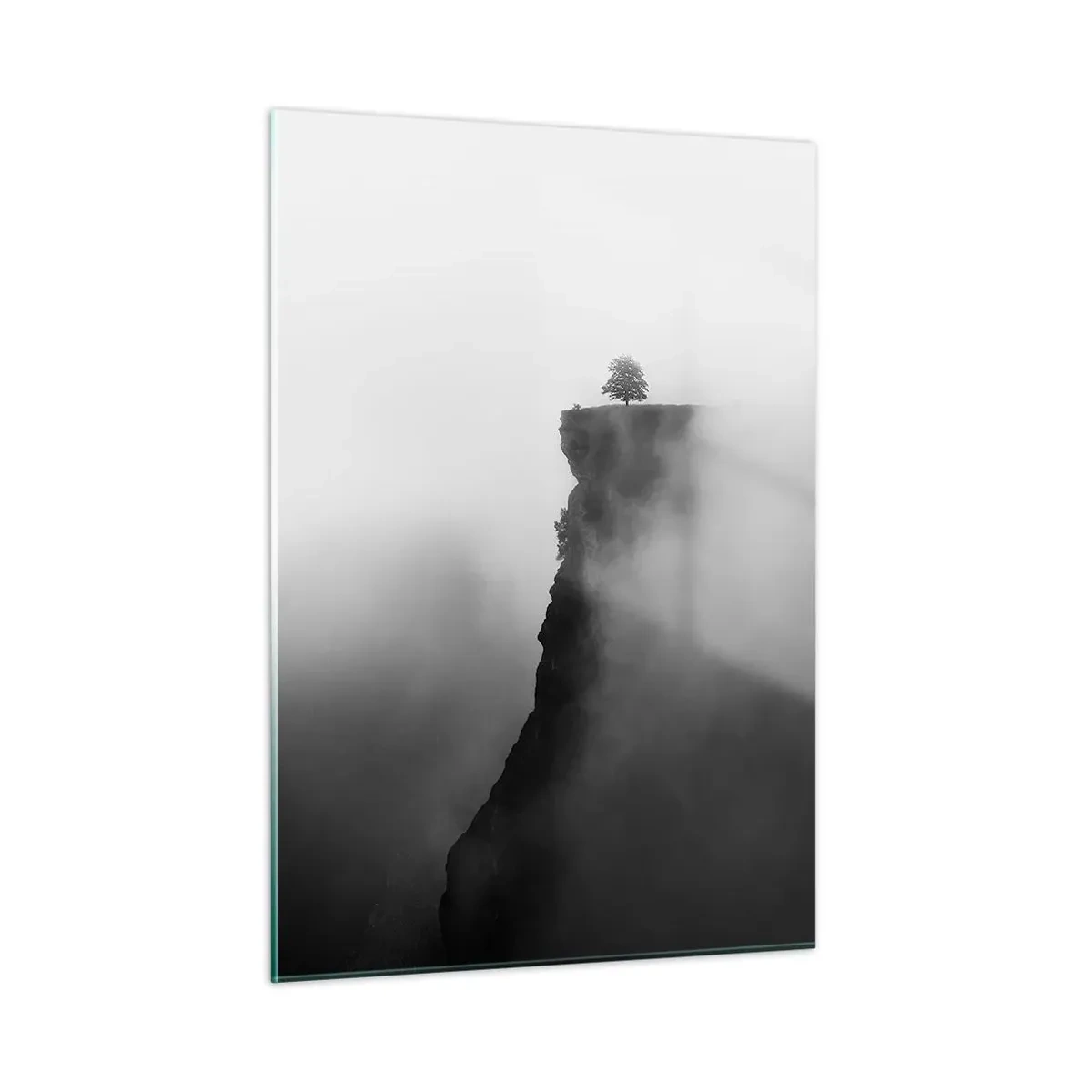 Quadro su vetro - Un albero solitario sul bordo di una scogliera nella fitta nebbia - 50x70cm - Al confine del mondo - Decorazione murale moderna per soggiorno e camera da letto ARTTOR