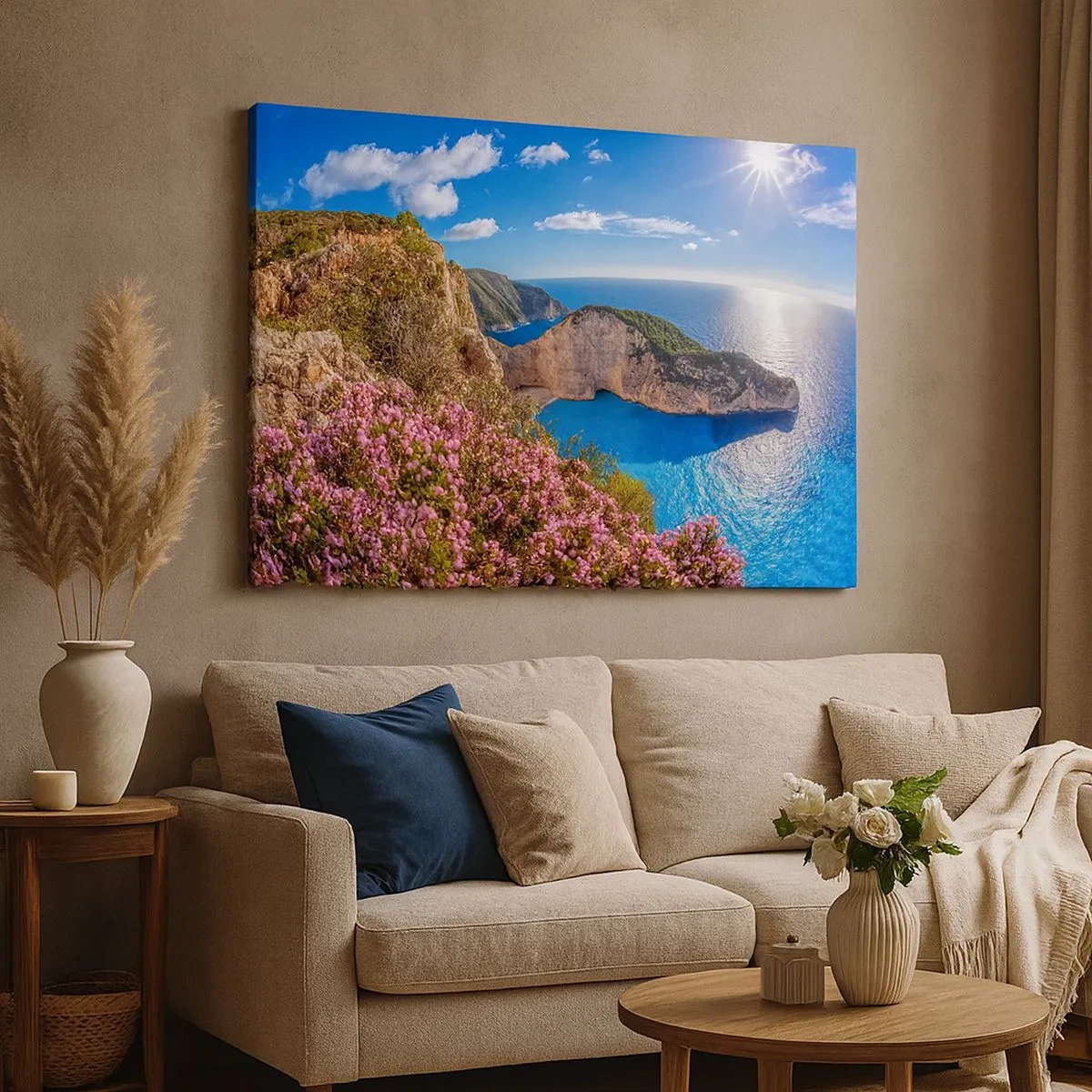 Quadro su tela - Stampe su Tela - Una scogliera con fiori, un mare turchese e un soleggiato paesaggio greco - 70x50cm - Le mie grosse vacanze greche - Decorazione murale moderna per soggiorno e camera da letto ARTTOR