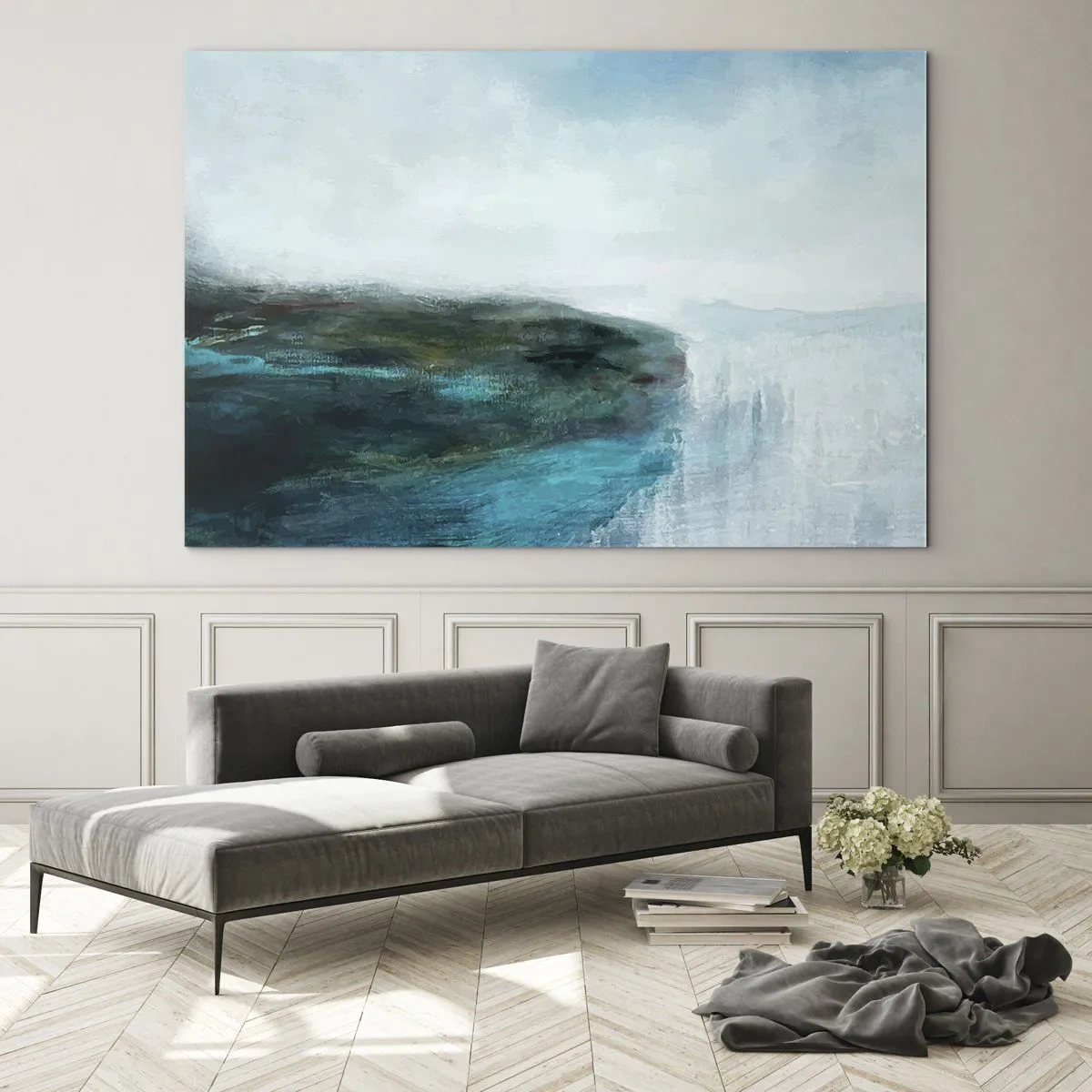 Quadro su vetro - Paesaggio acquatico astratto con colori dominanti blu e bianco - 100x70cm - Astrazione marittima - Decorazione murale moderna per soggiorno e camera da letto ARTTOR