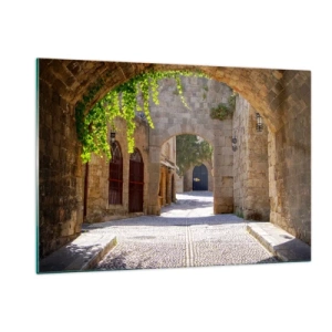 Quadro su vetro - Una strada di pietra con archi e viti alla luce del sole - 120x80cm - Adesso passerà il corteo - Decorazione murale moderna per soggiorno e camera da letto ARTTOR