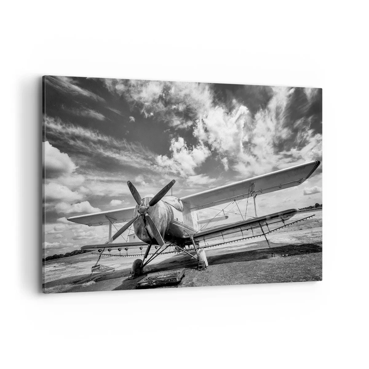 Quadro su tela - Stampe su Tela - Un vecchio aereo all'aeroporto in bianco e nero - 120x80cm - Non vedo l'ora! - Decorazione murale moderna per soggiorno e camera da letto ARTTOR