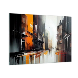 Quadro su vetro - Una strada sotto la pioggia con alti edifici dai colori caldi - 100x70cm - Un giorno di pioggia - Decorazione murale moderna per soggiorno e camera da letto ARTTOR