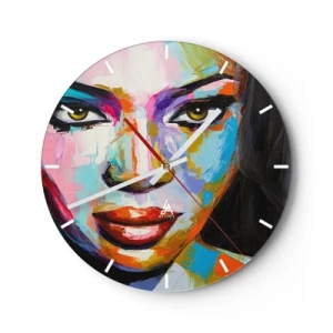 Orologio da parete - Orologio in Vetro - Un ritratto colorato di una donna dai colori intensi - 30x30cm - Non si può staccare lo sguardo - Decorazione murale moderna per soggiorno, cucina e camera da letto ARTTOR