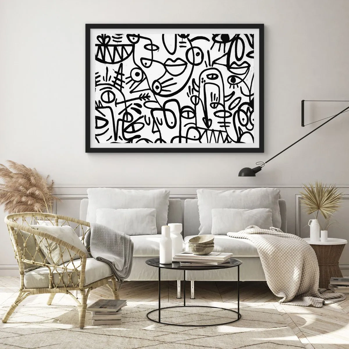 Poster in cornice nera - Disegni astratti in bianco e nero con motivi facciali - 70x50cm - Volti e miraggi - Decorazione murale moderna per soggiorno e camera da letto ARTTOR