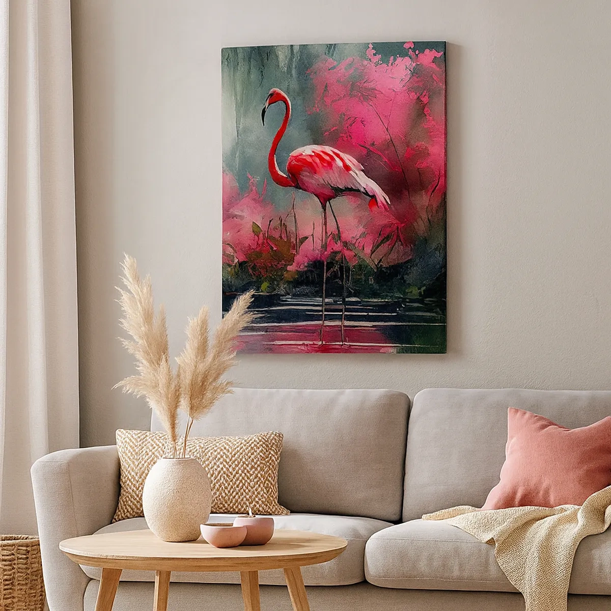 Quadro su tela - Stampe su Tela - Fenicotteri in riva all'acqua circondati dalla vegetazione - 50x70cm - Lezione di naturale eleganza  - Decorazione murale moderna per soggiorno e camera da letto ARTTOR