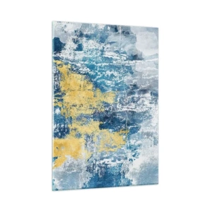 Quadro su vetro - Astrazione blu e gialla con effetto invecchiato e strutturato - 50x70cm - Astrazione piena di ottimismo - Decorazione murale moderna per soggiorno e camera da letto ARTTOR
