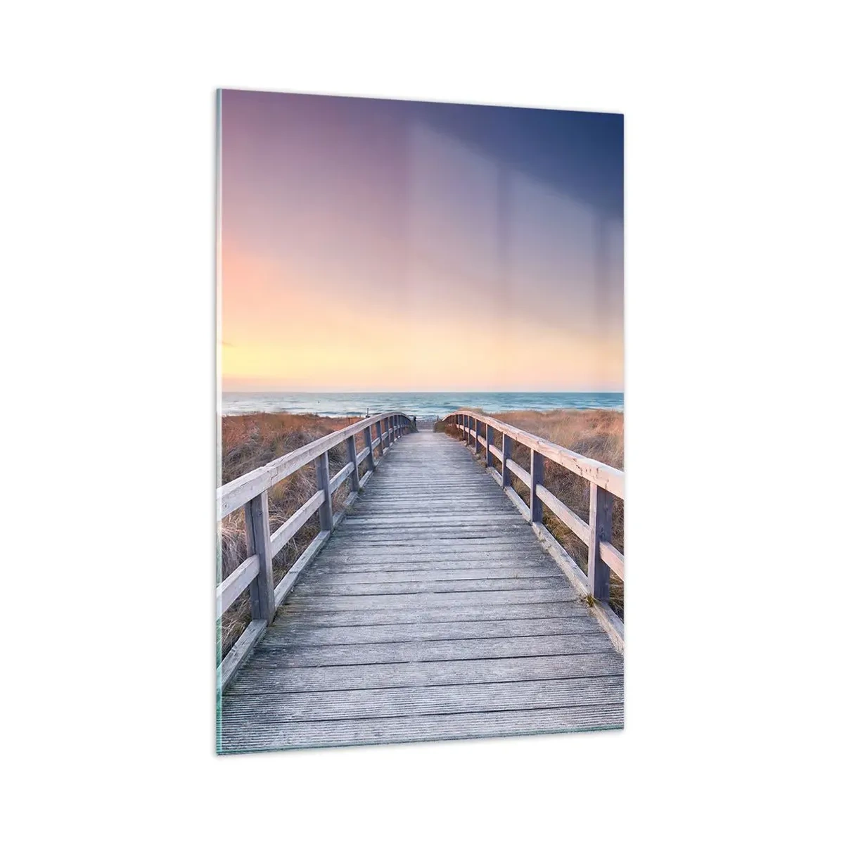 Quadro su vetro - Un molo di legno che conduce alla spiaggia al tramonto, con il cielo dipinto di colori pastello. - 80x120cm - Aurora serale baltica - Decorazione murale moderna per soggiorno e camera da letto ARTTOR