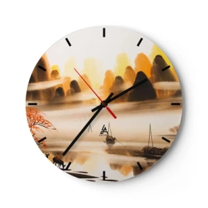 Orologio da parete - Orologio in Vetro - Paesaggio con montagne e barche nella nebbia in stile orientale - 30x30cm - Oltre l'Estremo Oriente - Decorazione murale moderna per soggiorno, cucina e camera da letto ARTTOR