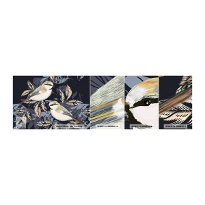 Campione Di Fotomurale Standard Eco - Cinguettio oro e blu - Astrazione, Uccelli, Foglie - 100x30 cm