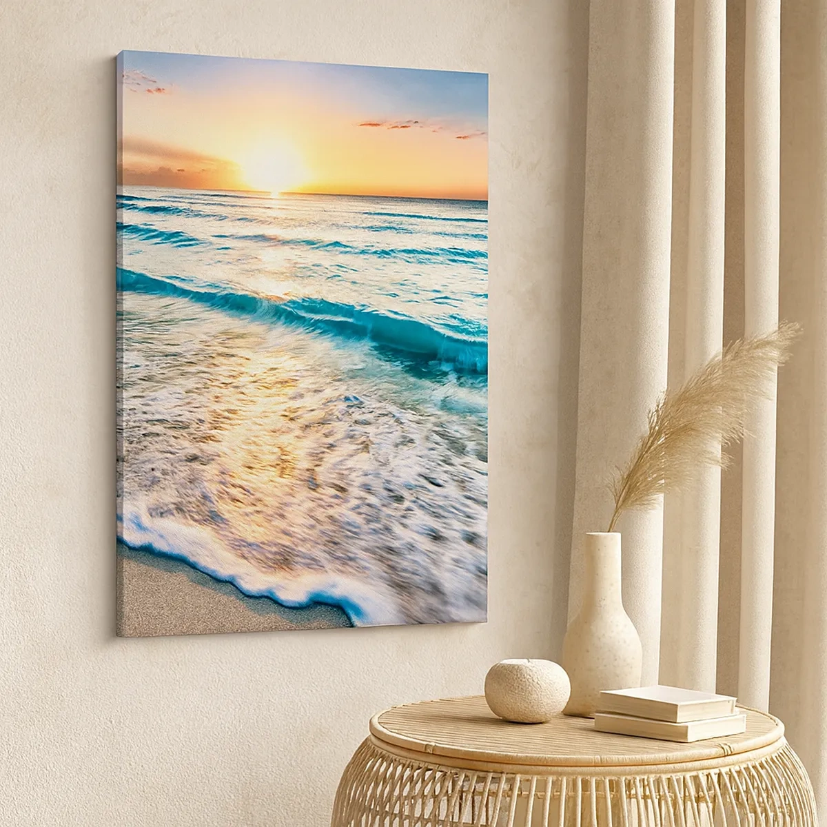 Quadro su tela - Stampe su Tela - Alba su una spiaggia tranquilla con onde - 50x70cm - Tramonto sul mare - Decorazione murale moderna per soggiorno e camera da letto ARTTOR