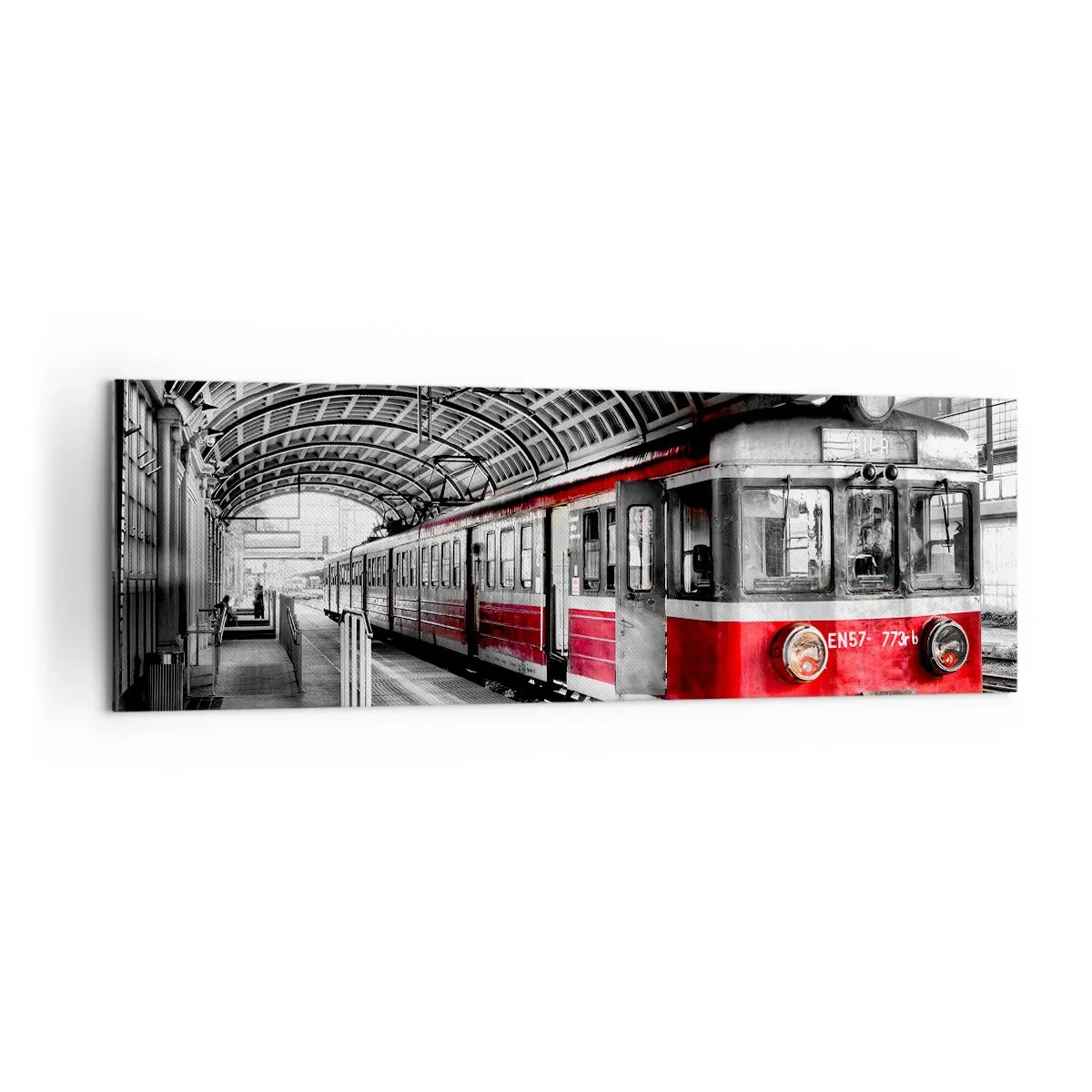 Quadro su tela - Stampe su Tela - Trenino rosso alla stazione sotto un tetto - 160x50cm - Sarà il viaggio della propria vita? - Decorazione murale moderna per soggiorno e camera da letto ARTTOR