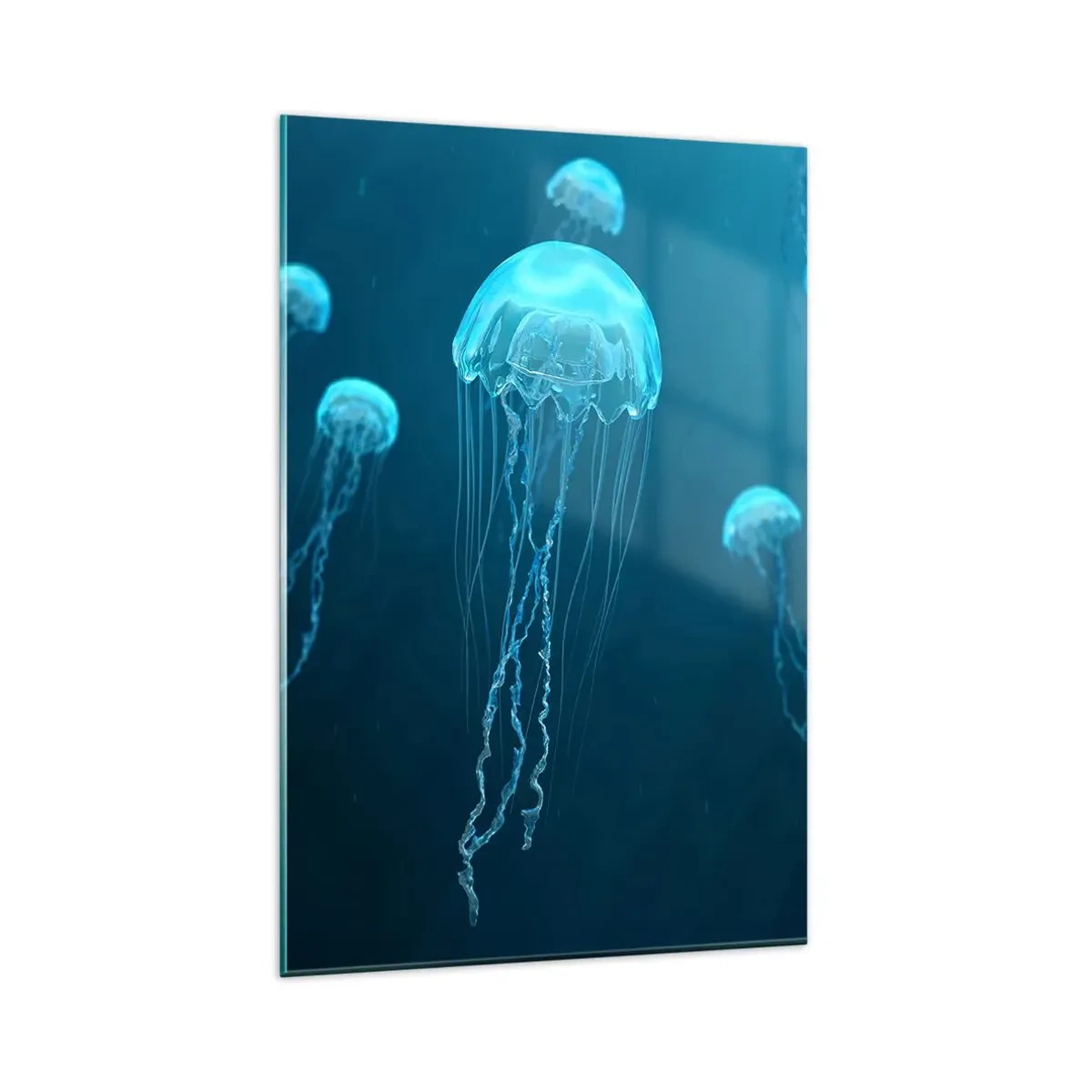Quadro su vetro - Meduse che galleggiano nelle profondità dell'oceano nei toni del blu - 80x120cm - La danza oceanica - Decorazione murale moderna per soggiorno e camera da letto ARTTOR