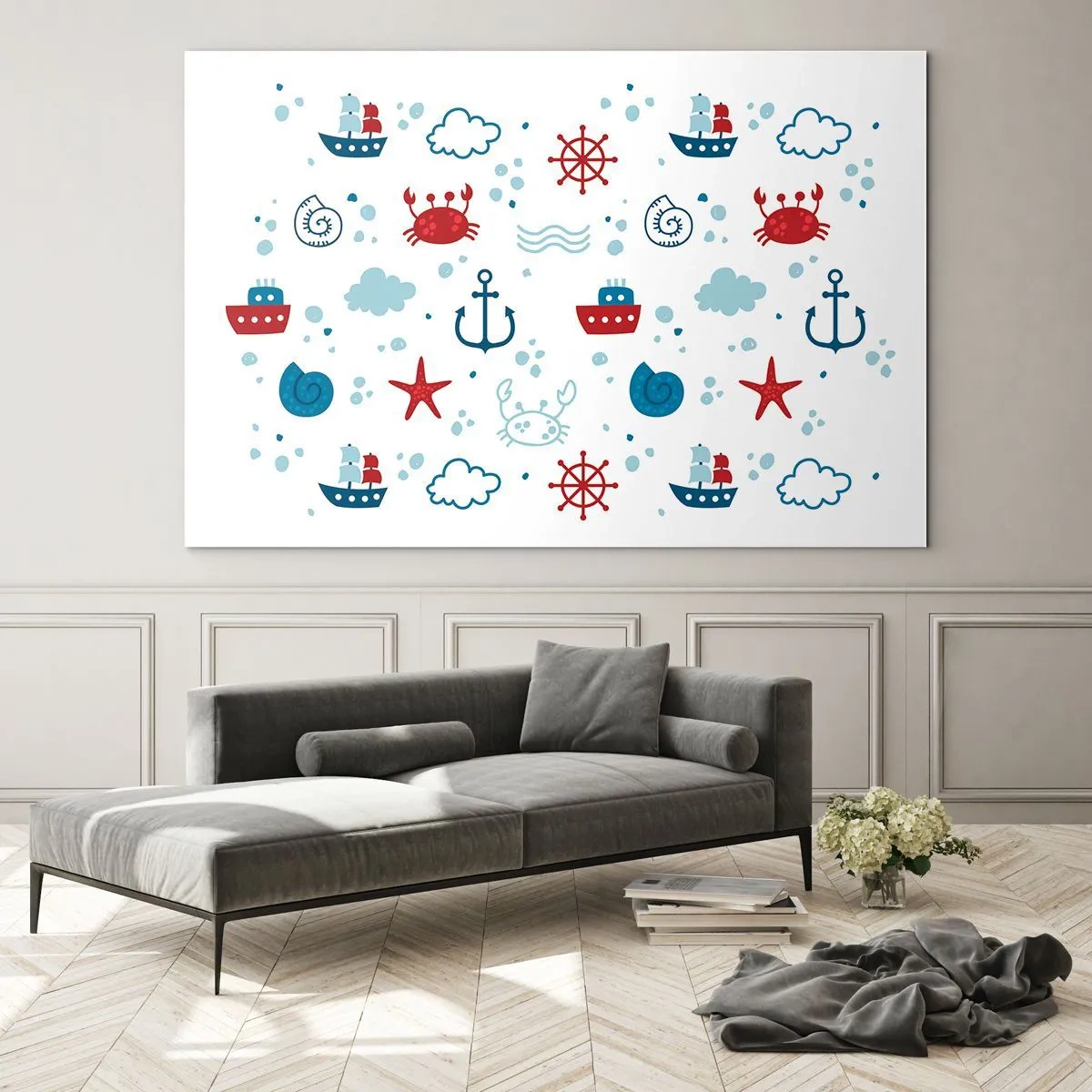 Quadro su vetro - Motivi nautici con granchi, ancore e navi - 120x80cm - Favola nel mare - Decorazione murale moderna per soggiorno e camera da letto ARTTOR