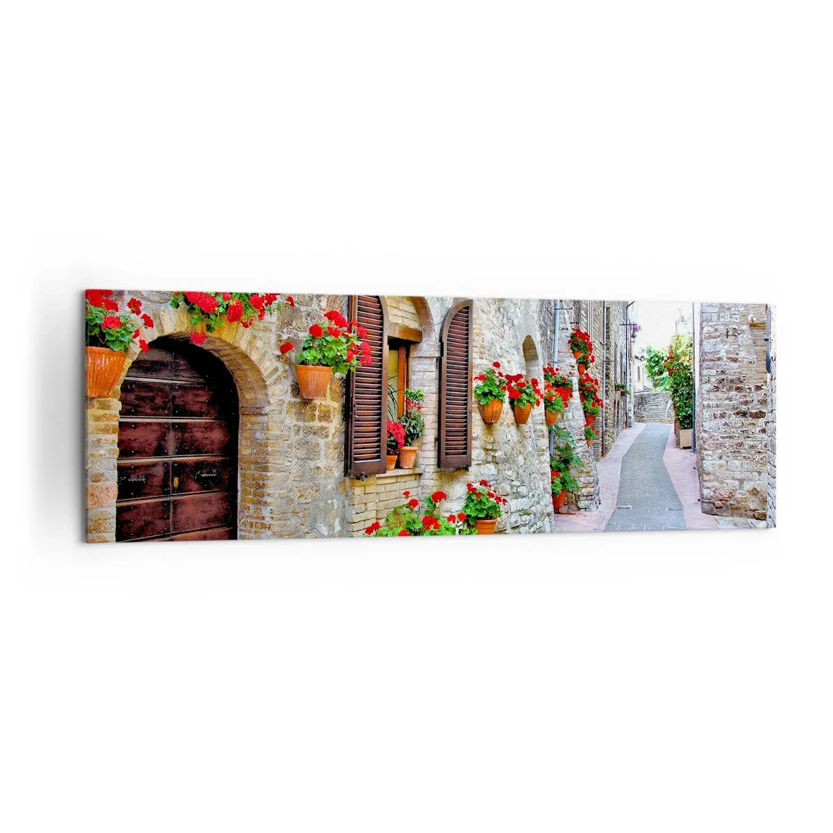 Quadro su tela - Stampe su Tela - Una strada stretta con edifici in pietra decorati con vasi di fiori - 160x50cm - Atmosfera italiana - Decorazione murale moderna per soggiorno e camera da letto ARTTOR