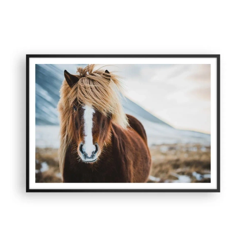 Poster in cornice nera - Cavallo islandese contro un paesaggio montano - 100x70cm - Senti la libertà? - Decorazione murale moderna per soggiorno e camera da letto ARTTOR