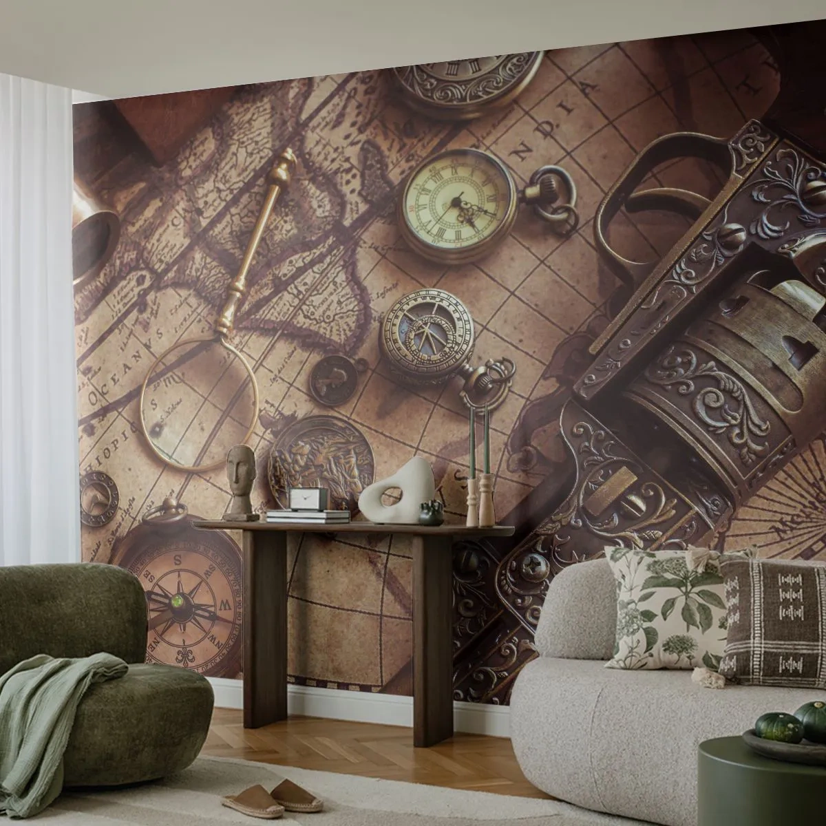 Fotomurali Premium Sand - La natura chiama - Mappa del mondo, Bussola, Revolver - 250x175 cm
