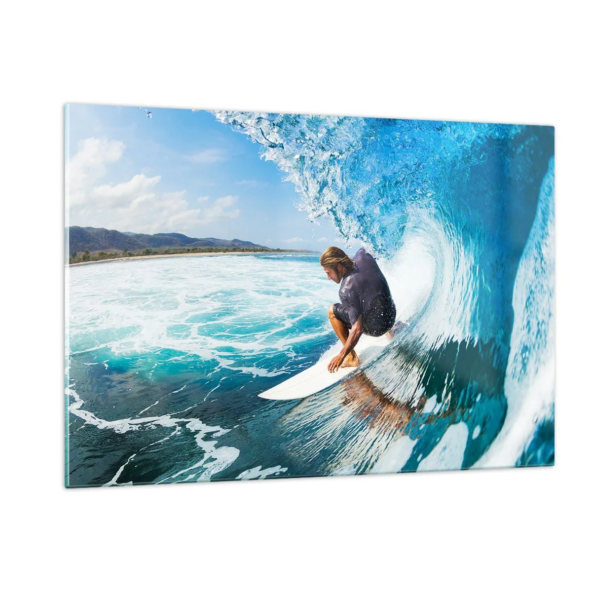 Quadro su vetro - Surfista in un tunnel d'acqua con l'oceano sullo sfondo - 120x80cm - Ballando con le onde - Decorazione murale moderna per soggiorno e camera da letto ARTTOR