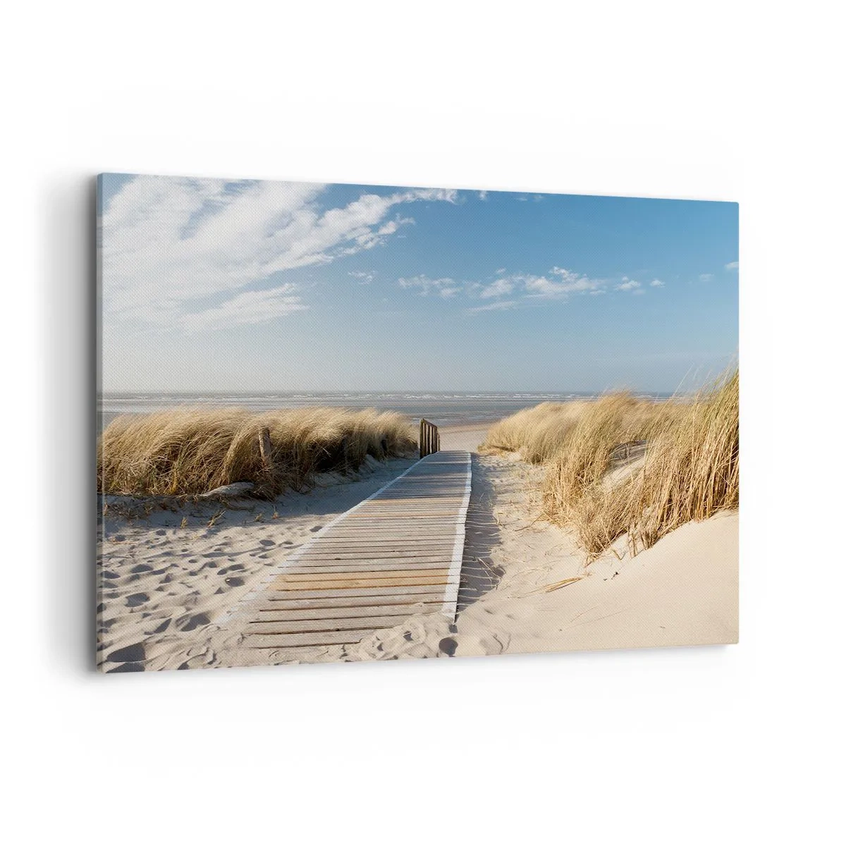 Quadro su tela - Stampe su Tela - Un sentiero di legno conduce attraverso le dune fino al mare calmo - 120x80cm - Dopo la duna, nel fruscio dell'erba - Decorazione murale moderna per soggiorno e camera da letto ARTTOR