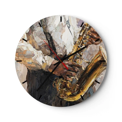 Orologio da parete - Orologio in Vetro - Un dipinto artistico raffigurante un musicista che suona il sassofono - 30x30cm - Tempo di assolo - Decorazione murale moderna per soggiorno, cucina e camera da letto ARTTOR
