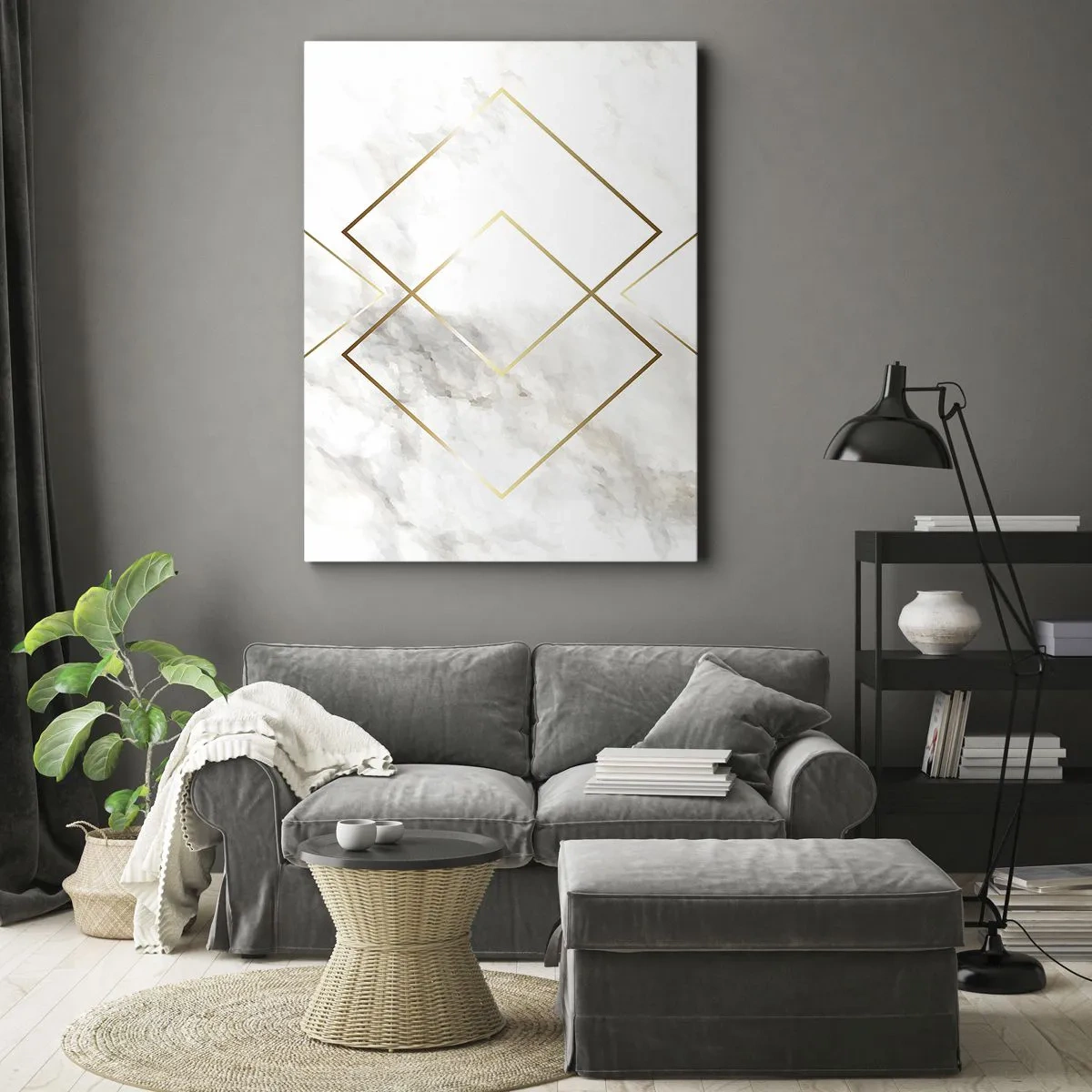 Quadro su tela - Stampe su Tela - Rombi dorati minimalisti su uno sfondo di marmo - 50x70cm - Vista sull'infinito - Decorazione murale moderna per soggiorno e camera da letto ARTTOR